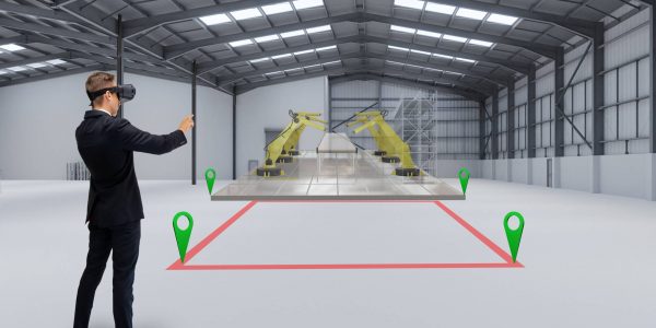 smart manufacturing ,industry 4.0, 5.0 technology concept, man use augmented mixed virtual reality technology to manage, simulation to install new machine in the factory predict, analytic 3d rendering